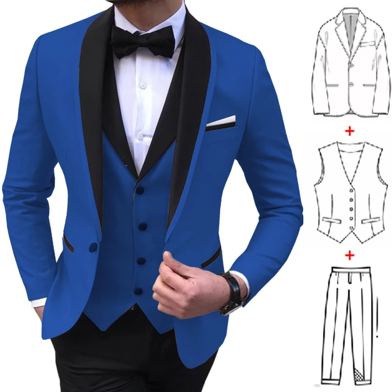 3 Pieces Royal Blue Tuxedos for Wedding Slim Fit Groomsmen Suit with Black Lapel Terno Masculino Fashional Men Clothing