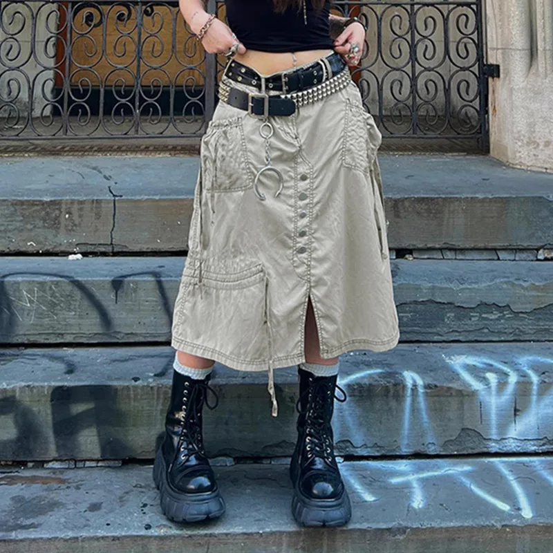 

Женская однобортная юбка с разрезом, модная дизайнерская симметричная юбка для работы с несколькими карманами и тесьмой, новинка 2022