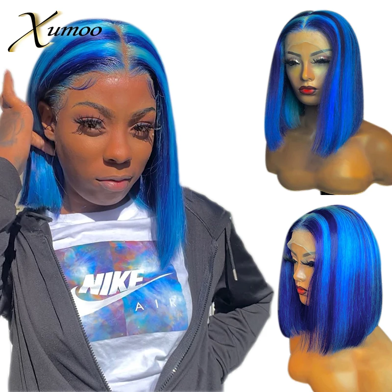 

Short Bob Straight Highlight 613 Honey Blonde Blue Color Pixie Cut 13X4 T Part Lace Human Hair Wigs For Women Remy Preplucked