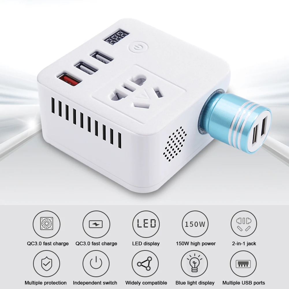 

150W Car Power Inverter 12V to 220V Digital Converter Converter Adapter Modified Sine Wave QC 3.0 USB Charger Fast Charging