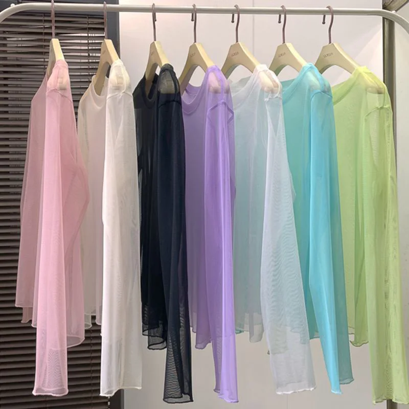 

Women's Sheer Top Summer Mesh T-Shirt Long Sleeve Candy Color See Through Loose Pullover Ice Silk