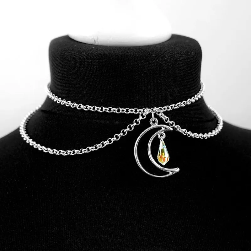 

Gothic Hollow Moon Crystal Choker for Women Girls Fashion Goth Jewelry Gifts Wizard Accessories Silver Color Necklace Handmade