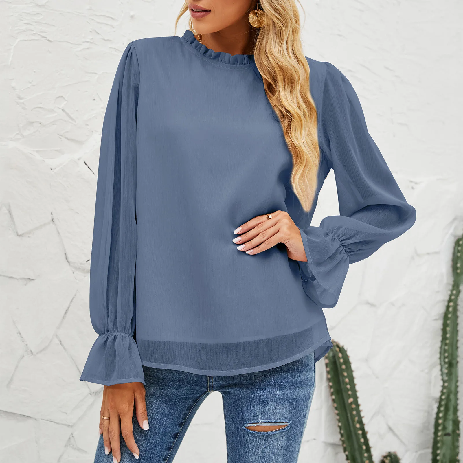 

Womens Blouse Lace Long Sleeve Shirt Floral Shirt Casual Shirt For Women Stand Neck Tee Shirts Tops Apparel Shirt