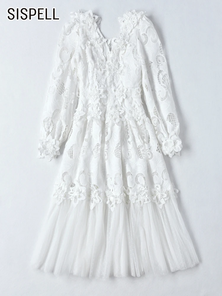 

SISPELL Elegant White Lace Panel Dress For Women V Neck Lantern Sleeve High Waist Solid Cut Out Midi Dresses Female Summer 2022
