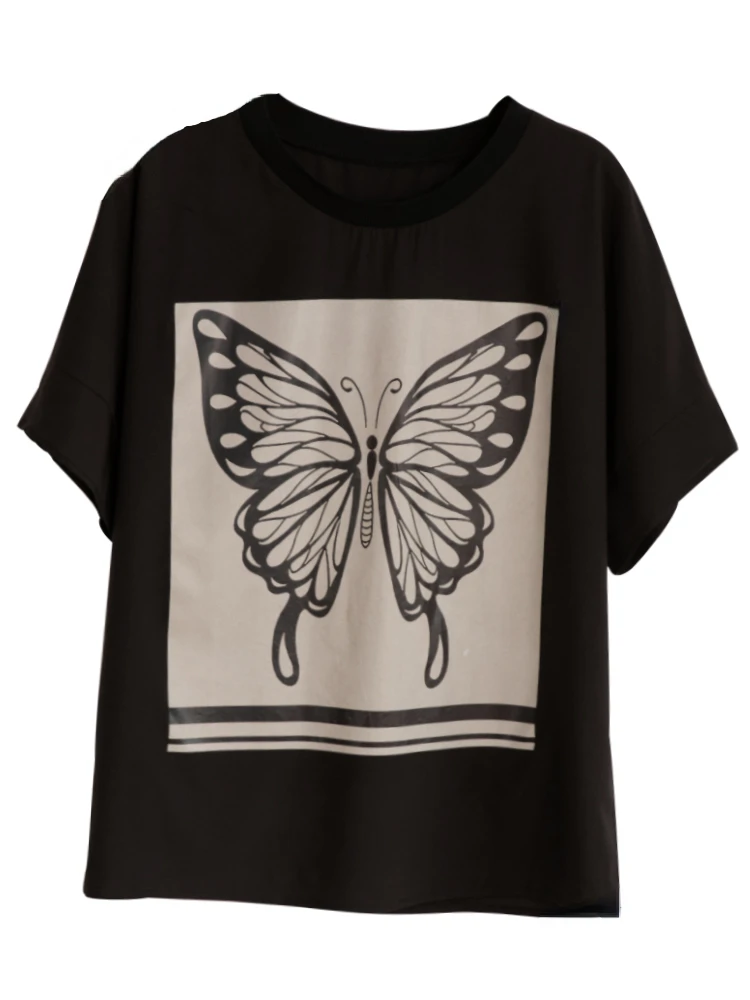 

Printed Butterfly T Shirts Women Summer Loose Buttefly Tops Lady Short Sleeve Black Tees Femme black Tops