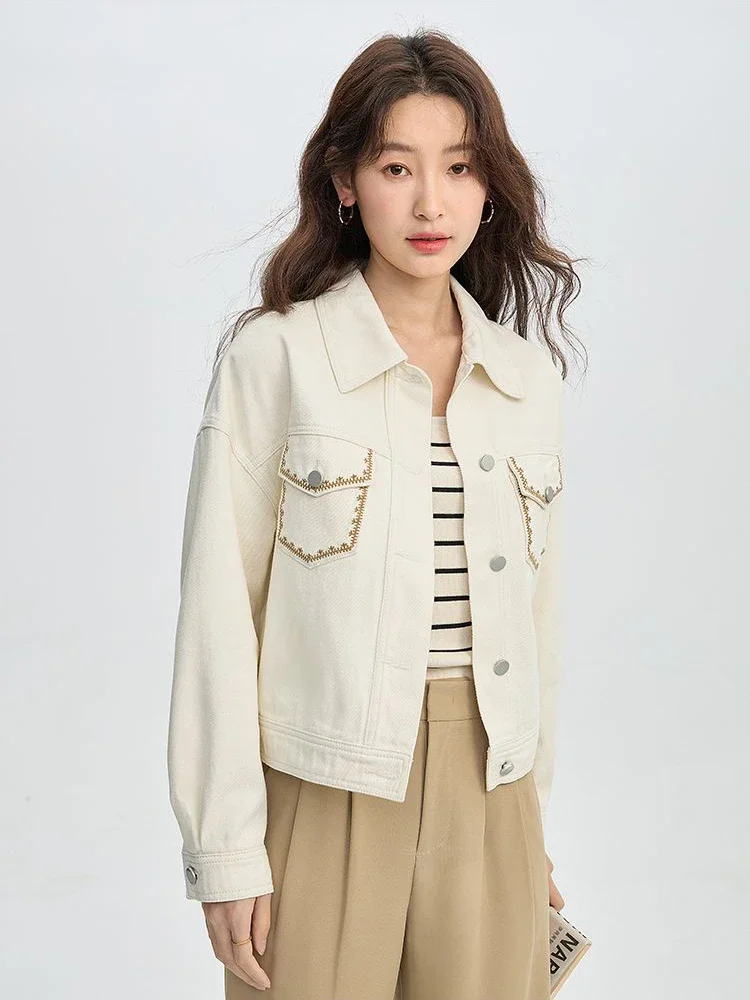 Женская джинсовая куртка с вышивкой бежевая Повседневная однобортная Ceketler