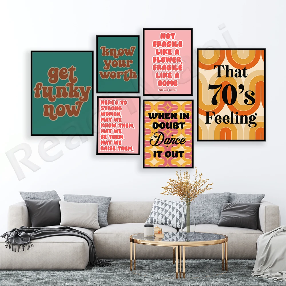 

60's 70's aesthetic, bold colorful glow, strong feminist female quote, iconic quote poster, feminist typography