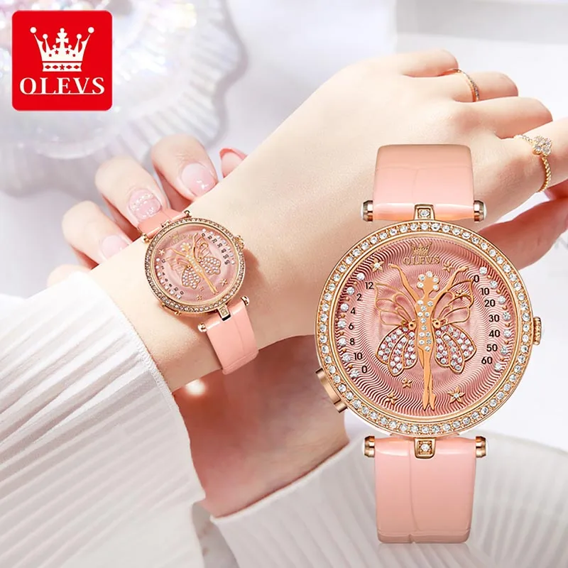 OLEVS Quartz Womens Watches New Leather Watch Luxury Diamond Set Case Casual Butterfly Dial Design 30M Waterproof Ladies Clock