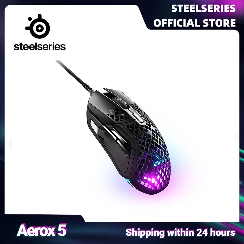 

Проводная игровая мышь SteelSeries Aerox 5, Ультралегкая многожанная мышь с 9 программируемыми кнопками RGB, оптический датчик воздуха TrueMove