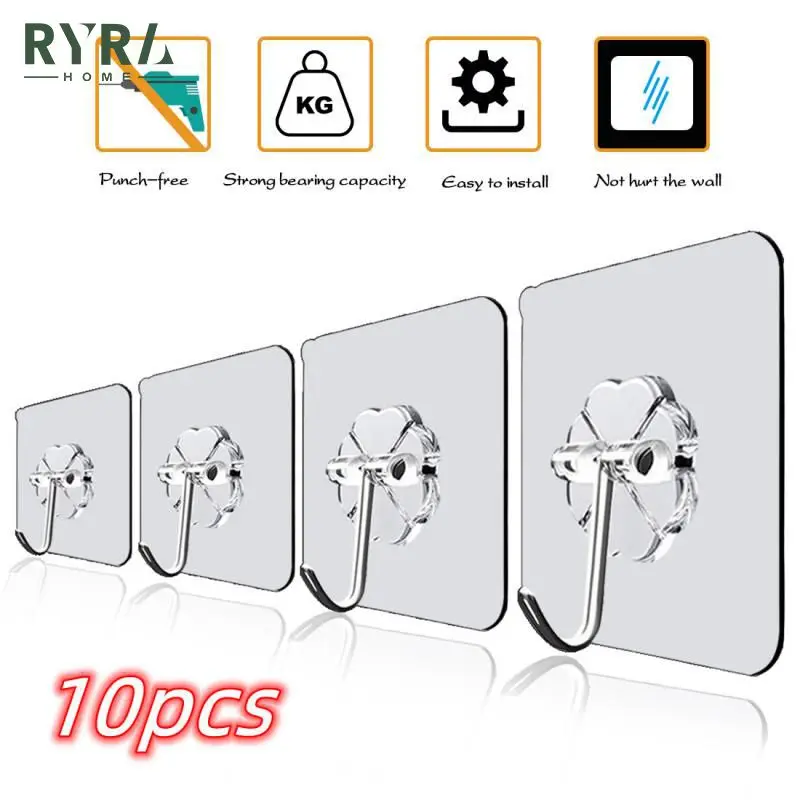 

10pcs Self-Adhesive Strong Wall Hooks Transparent Door Wall Hanger Hook For Kitchen Bathroom Suction Heavy Load Hook Rack Holder