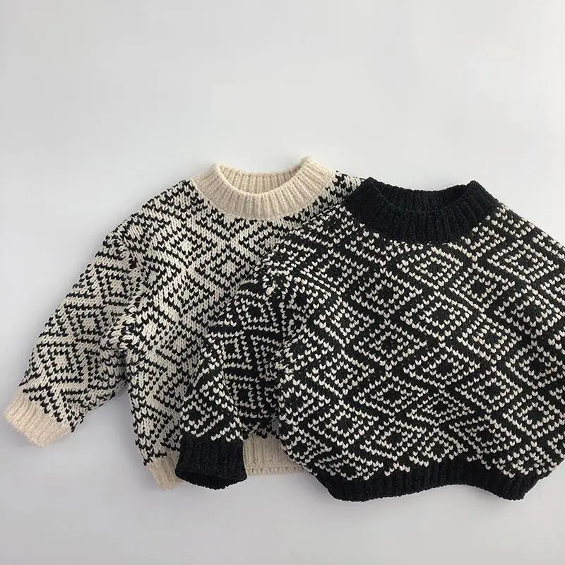 Купи Vintage Print Children Thick Warm Sweater Boys Girls Long Sleeve Knit Sweater Baby Cotton O-neck Knitted Pullover Clothes за 1,234 рублей в магазине AliExpress