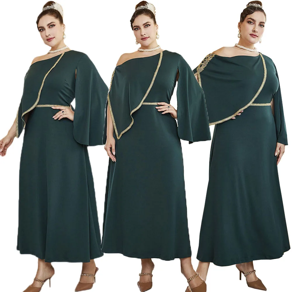 

Plus Size Elegant Women Abaya Muslim One Shoulder Maxi Dress Fashion Turkey Kaftan Islamic Evening Party Gown Femme Clothing