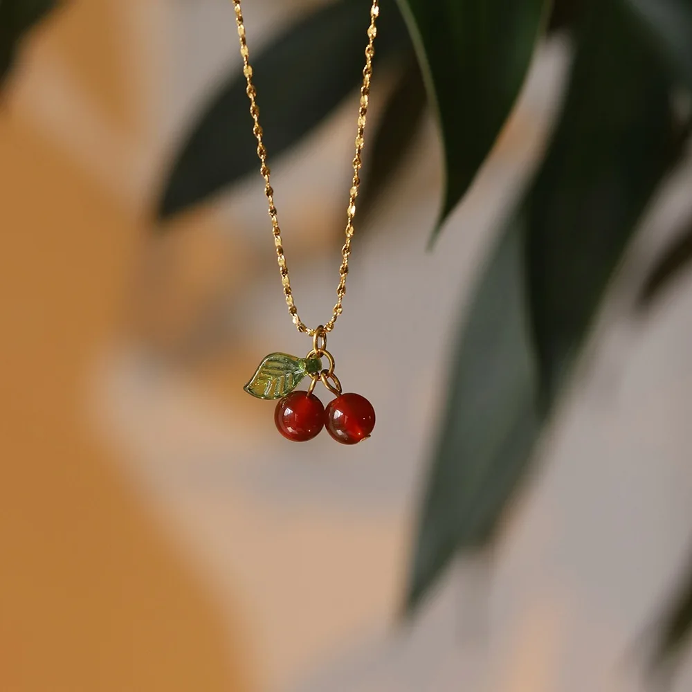 Lovely cherry fruit necklace stainless steel fashion student jewelry necklace for girls ladies gift