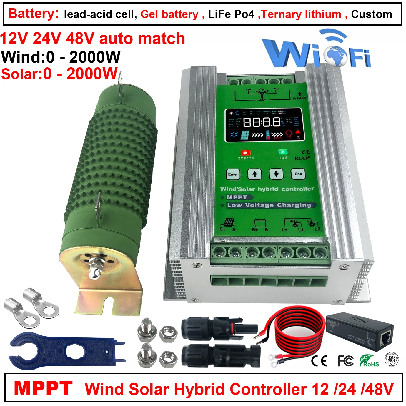 

with wifi 4000W 12V 24V 48V MPPT Wind Solar Hybrid Controller Solar Panel Wind Generator Charger Regulator with Dump Load