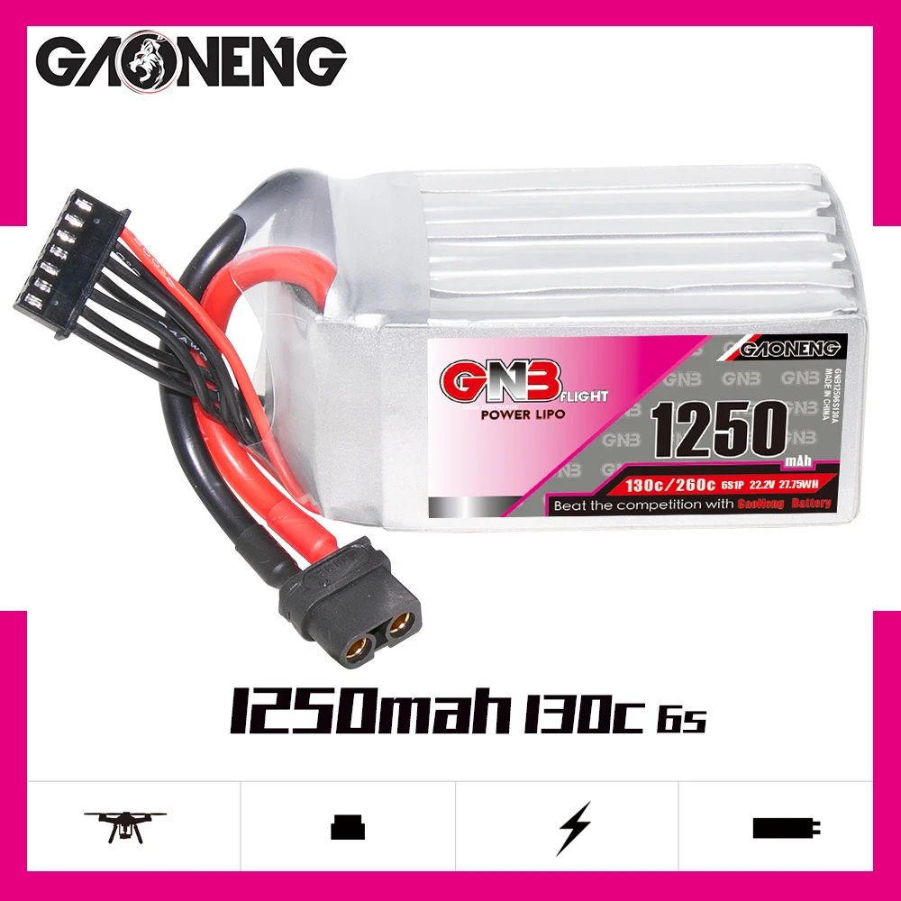 Enlarge Gaoneng GNB 1250mAh 6S1P 22.2V 130C Light Weight Lipo Battery With XT60 Plug For FPV Racing Drone Quadcopter Helicopter Parts