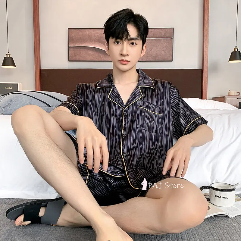 Men Pajama Sets Silk Satin Pijama Turn-down Collar Sleepwear Short Sleeve Spring Nightwear 2 Pieces Sets Homewear L-5XL