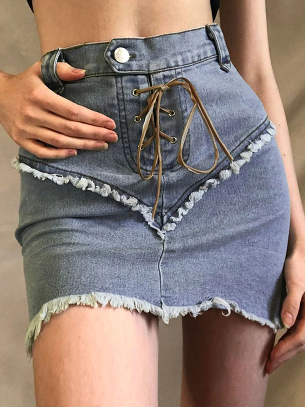 

ВИНТАЖНАЯ ДЖИНСОВАЯ мини-юбка Y2K для женщин, летние Облегающие юбки на шнуровке с высокой талией и бахромой на подоле, корейская мода, юбки в ...