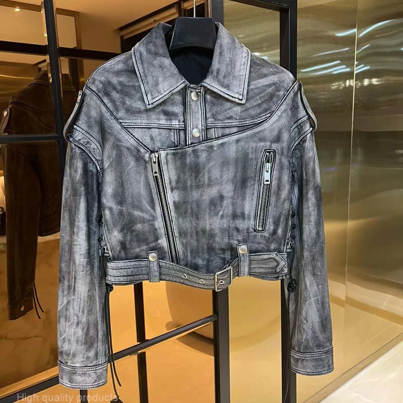 

Vintage To Make Old Coat Turn-Down Collar Ultra-Short Jacket With Belt Locomotive Style Drop-shoulder New Fashion 2023