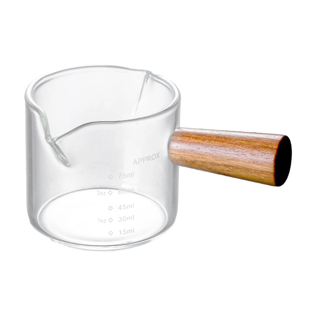 

Borosilicate Glass Measuring Cup - Wood Handle Two-way Spout Measure Coffee Milk Jug Food Grade One-hand Operation