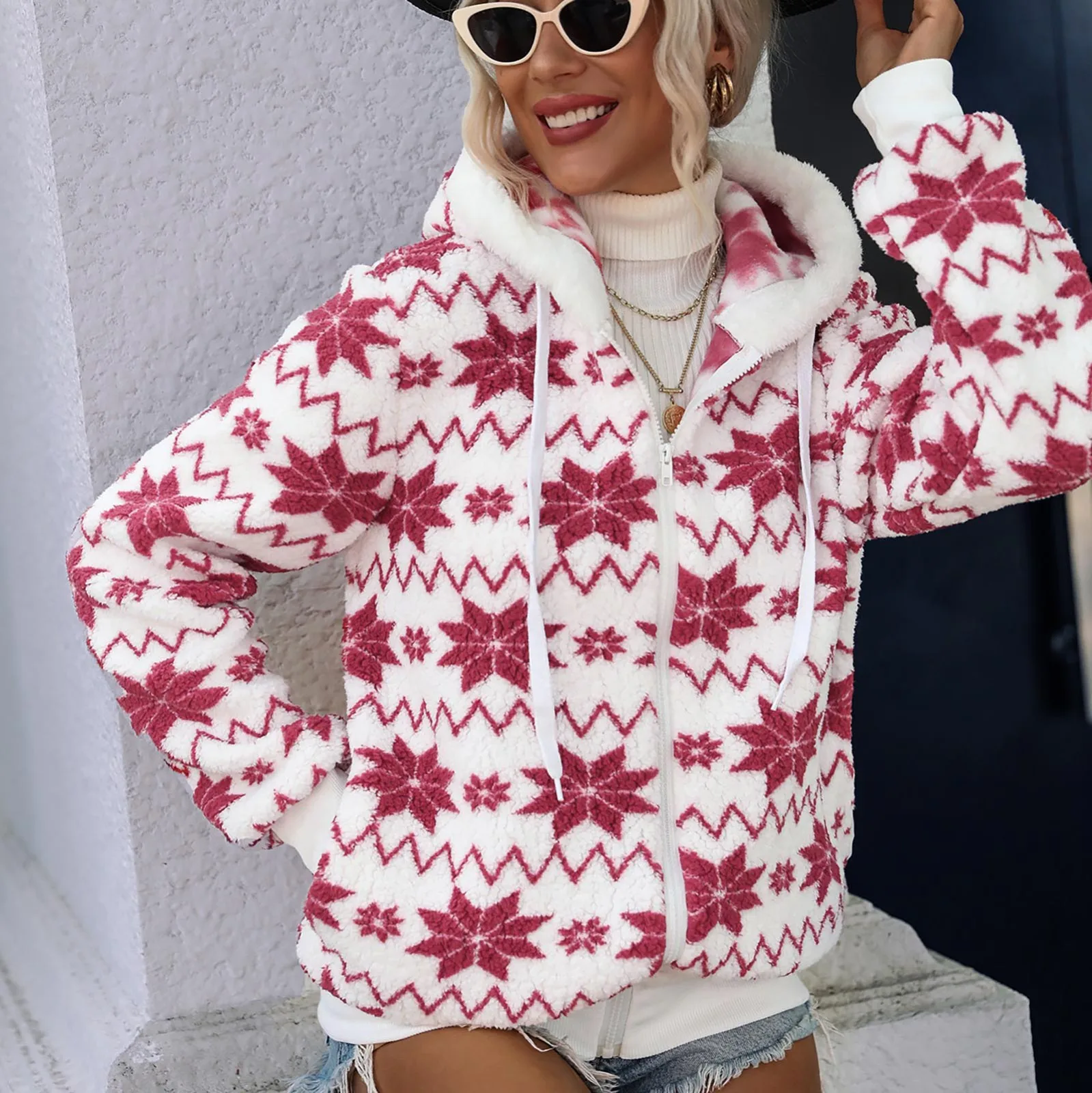 

Autumn And Winter Hoodies Women's Christmas Snowflake Printed Long Sleeve Warm Sweatshirts Hooded Plush Open Front Pullover 4