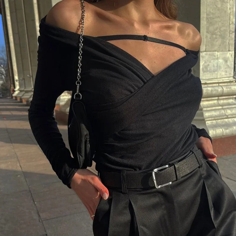 

TARUXY Bandage V Neck Shirts For Women Folds Slim Long Sleeve Bodycon Tops Women's Street Casual Solid Clothing Ladies 2024 New