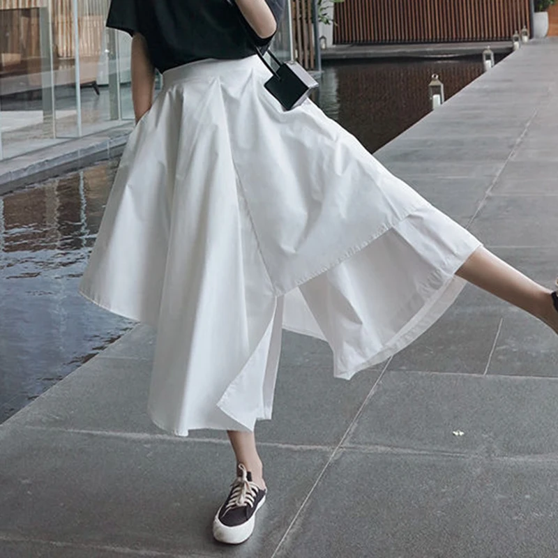 new black loose short sleeve T-shirt+irregular wide leg pants skirt two-piece suit female summer fashion  korean  clothes