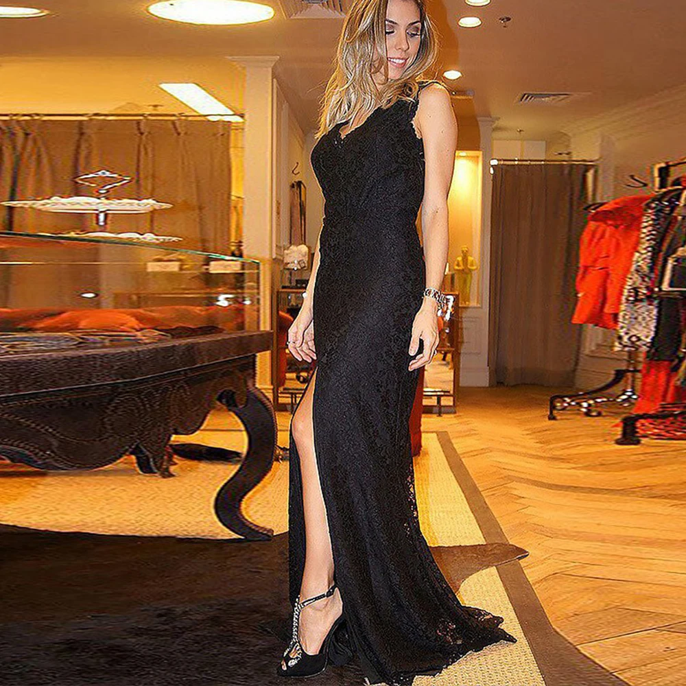 

Elegant Lace Slit Evening Dresses Sleeveless Sexy Floor Length Prom Gown For Woman Black Mermaid Vestido De Novia 2022 Custom