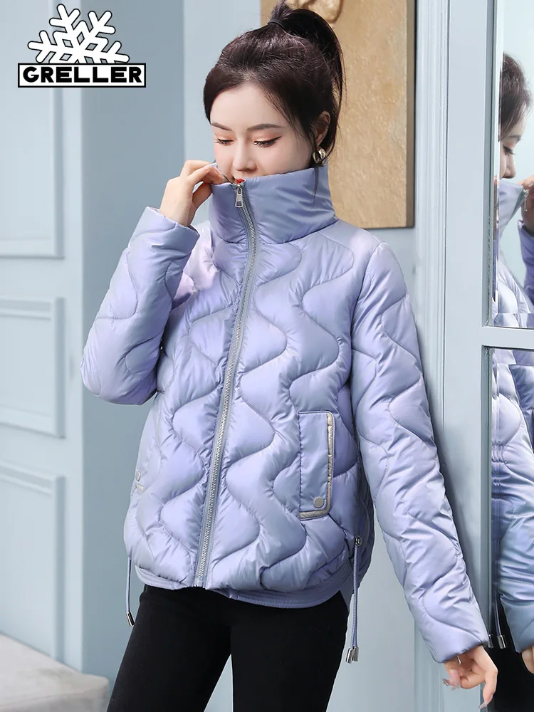 GRELLER 2022 New Women Short Jacket Winter Thick Cotton Padded Coats Female Shiny Stitched Puffer Parkas Ladies Slim Winter Coat