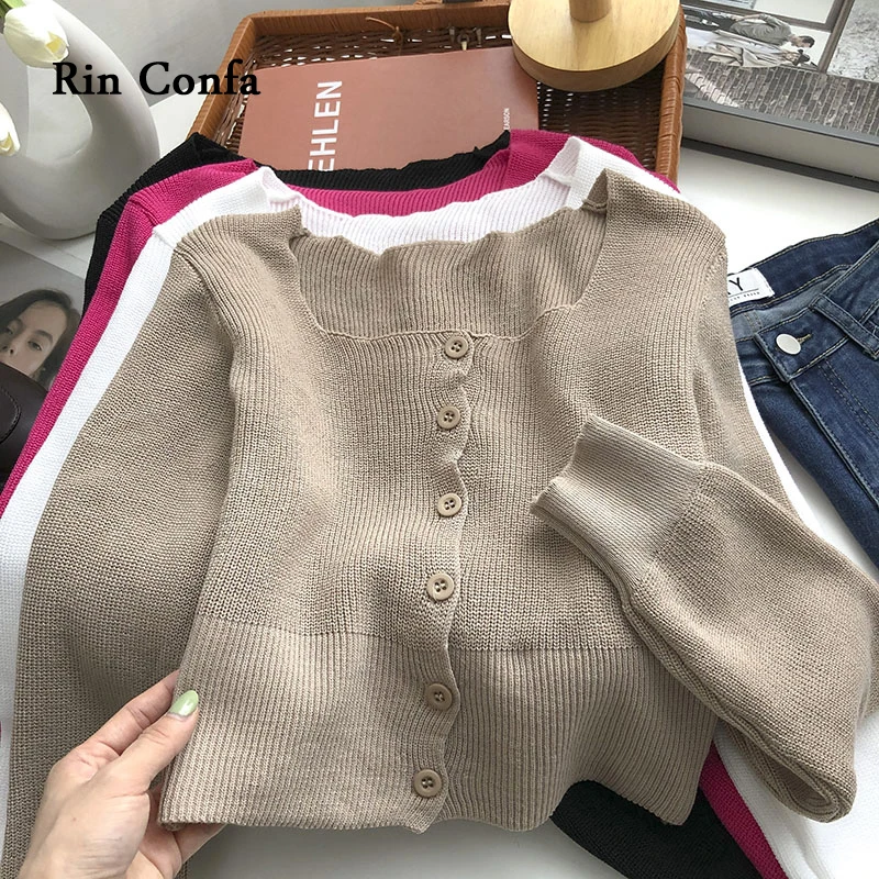 

Rin Confa Women Square Collar Exposed Clavicle Single-Breasted Cardigan Autumn Korean Fashion Knitting Top All-Match Slim Tops