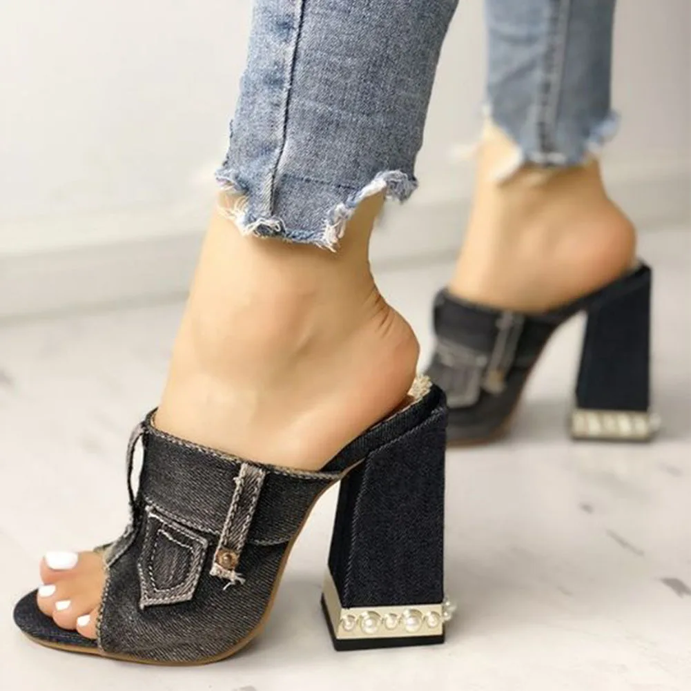 

Sarairis high heels ins fashion denim mules slip on square slipper high heels pocket decoration women's shoes summer sandals pum