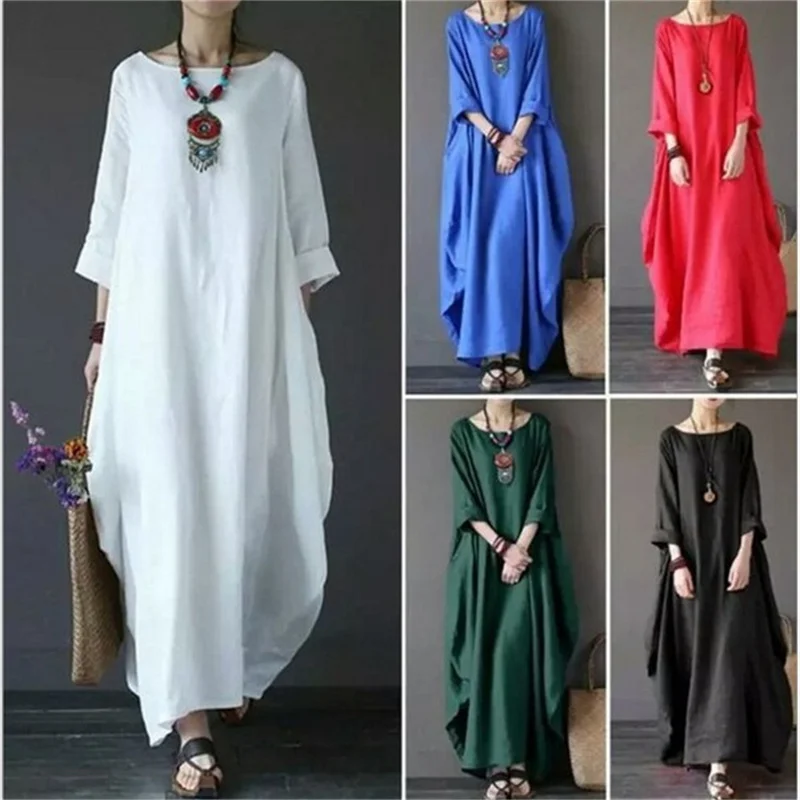 

2022 Loose women's cotton and linen irregular long-sleeved round neck long dress