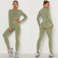 high stretch seamless yoga set workout hip push up gym yoga suits long sleeve fitness leggings women running training pants