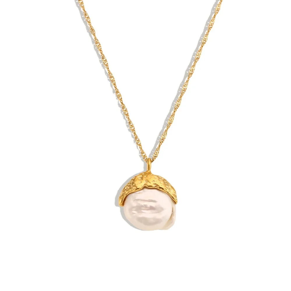 

18k Gold Plated Matte Stainless Steel Necklace Baroque Pearl Pendant Necklace Simple Sweater Chain For Women