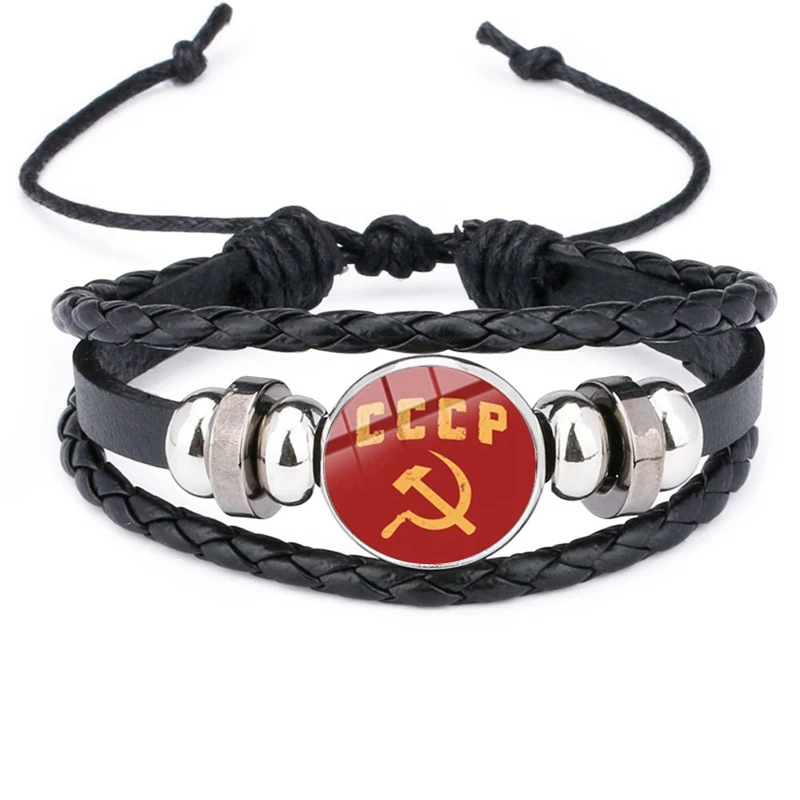 CCCP Russian National Emblem Communist Symbol Silver Plated Glass Men's Bracelet USSR Soviet Union Badge Bracelet Scythe Hammer