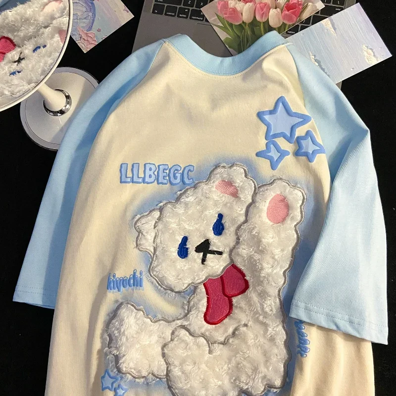 

Loose Casual All-match Summer Cotton Women T-shirts O Neck Contrast Color Patchwork Tops Flocking Little Bear Streetwear Tees