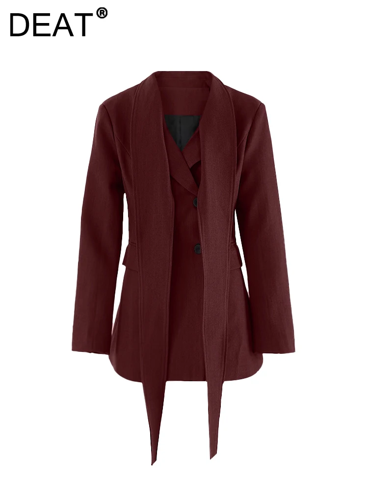 DEAT модный женский ангола красный пиджак с лентой однобортный длинными рукавами и