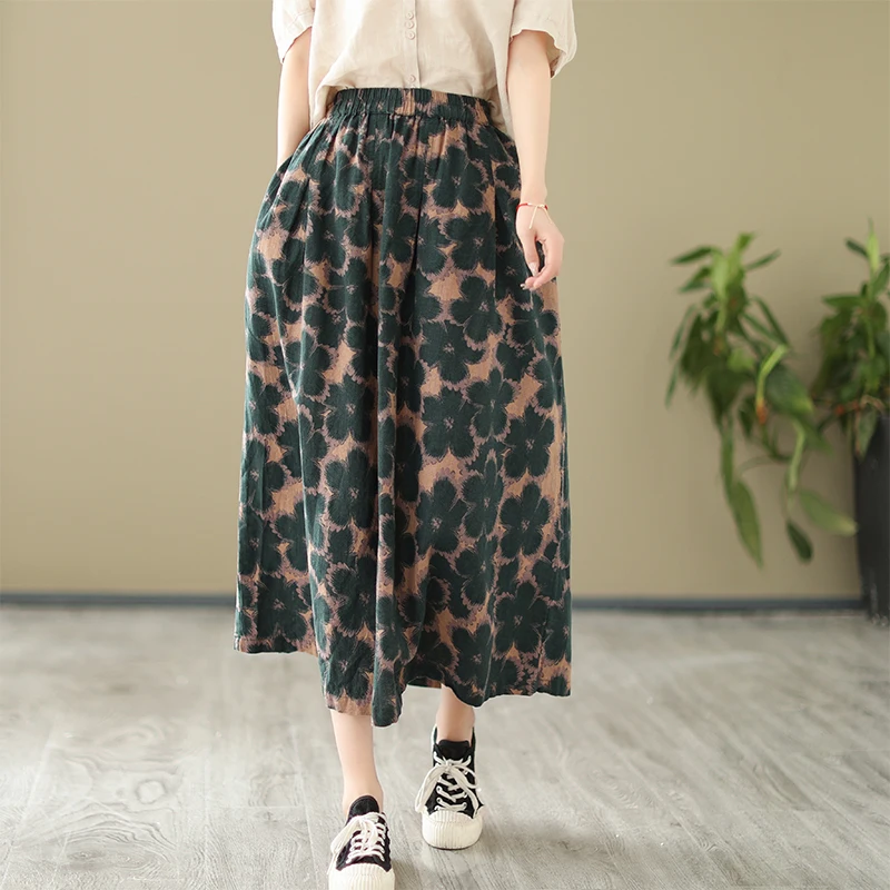 

2023 New Arrival Spring Arts Style Women Loose Casual Floral Print A-line Mid-calf Skirt Elastic Waist Cotton Linen Skirts V240
