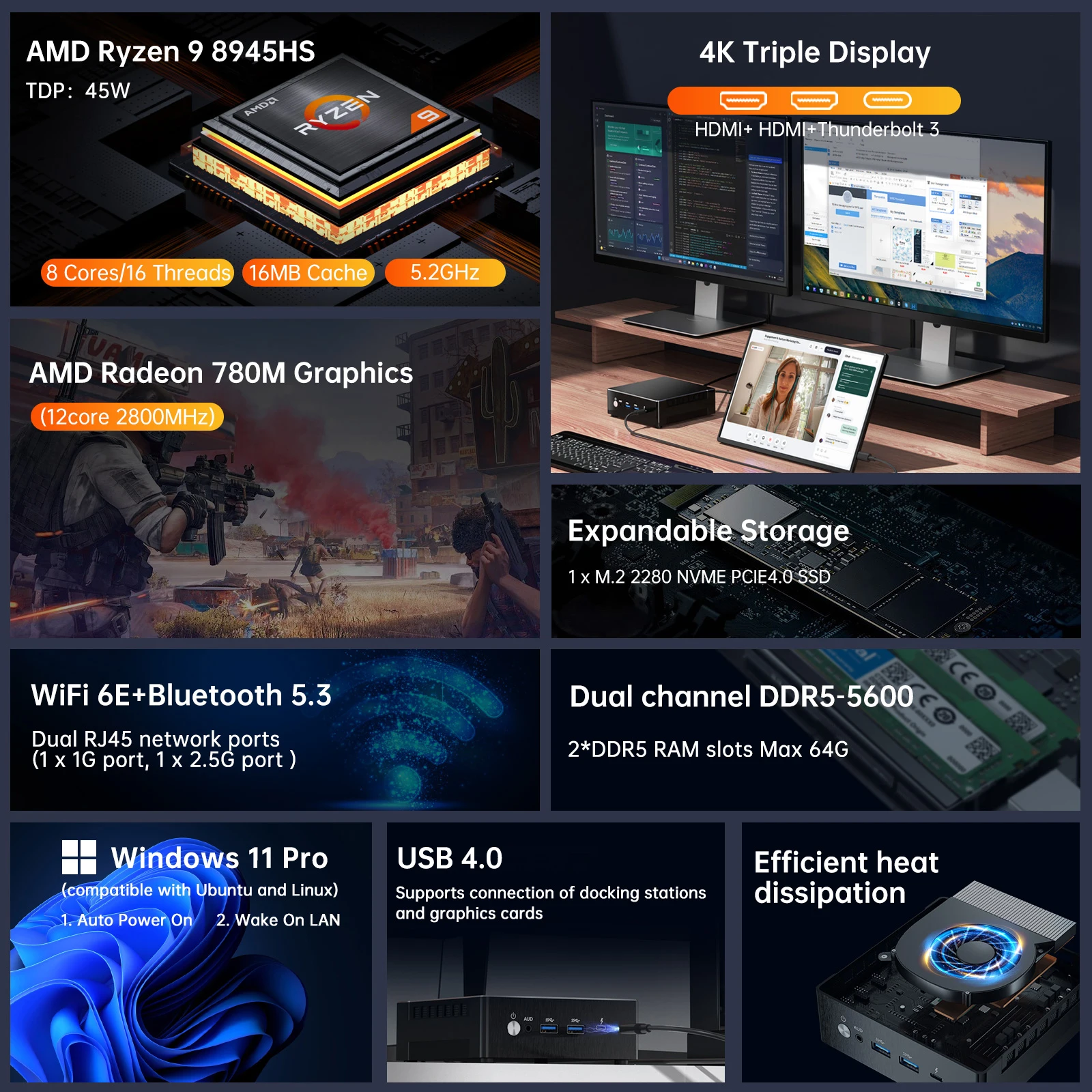 Мини-ПК Msecore MQ50 с AMD Ryzen 9 8945HS 64G DDR5 RAM 2T PCIE4.0 SSD Поддержка Dual LAN 1*2.5G 2*HDMI 1*USB-C 4K