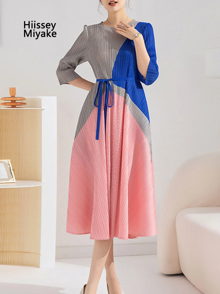 

Женское длинное платье HiIssey Miyake, элегантное плиссированное платье с круглым вырезом и длинными рукавами, весна-осень