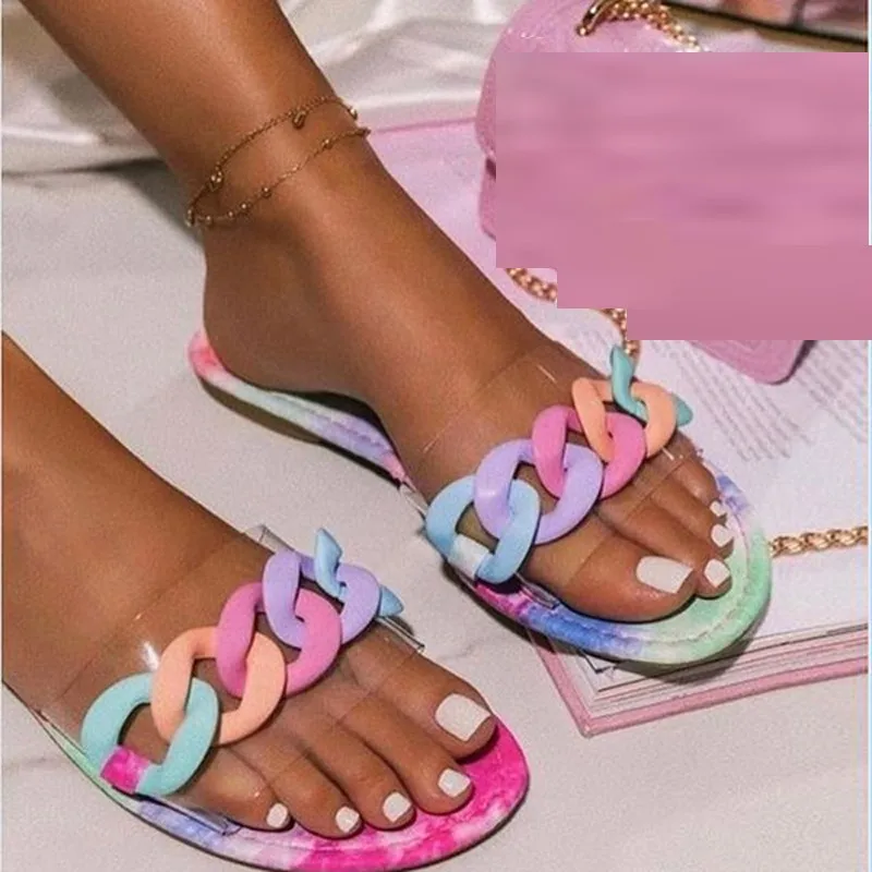 

Summer New European and American Flat Bottom Fashion Chain Slippers Women's Large Size Solid Color Holiday Beach Sandal Slippers