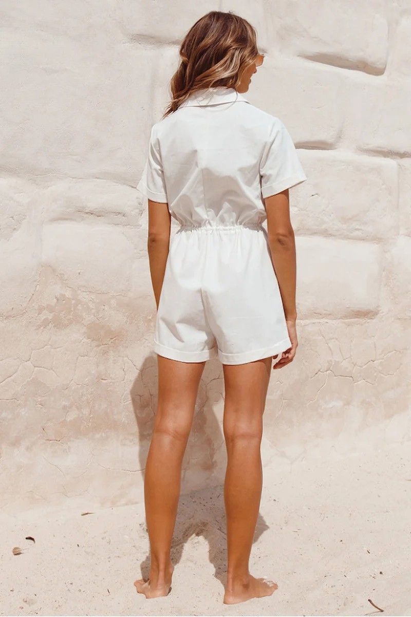 Women's Jumpsuits Casual Button Down Cuffed Short Sleeve Casual Boho Women Rompers Bandage Playsuit Loose Turn Collar Jumpsuit