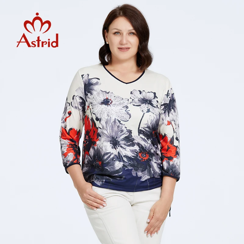 

Astrid Women's t-shirt 2023 Plus Size Long Sleeve V Neck Diamonds Female Top Print Tees Blouses Elegant Pullovers Ladies Coat
