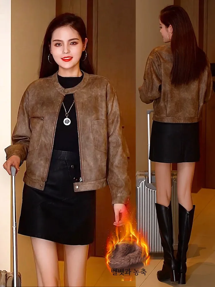 Fashion Fleece-lined Thick Leather Coat Outerwear Women Winter New Casual Loose Slimming Retro PU Short Jacket Top