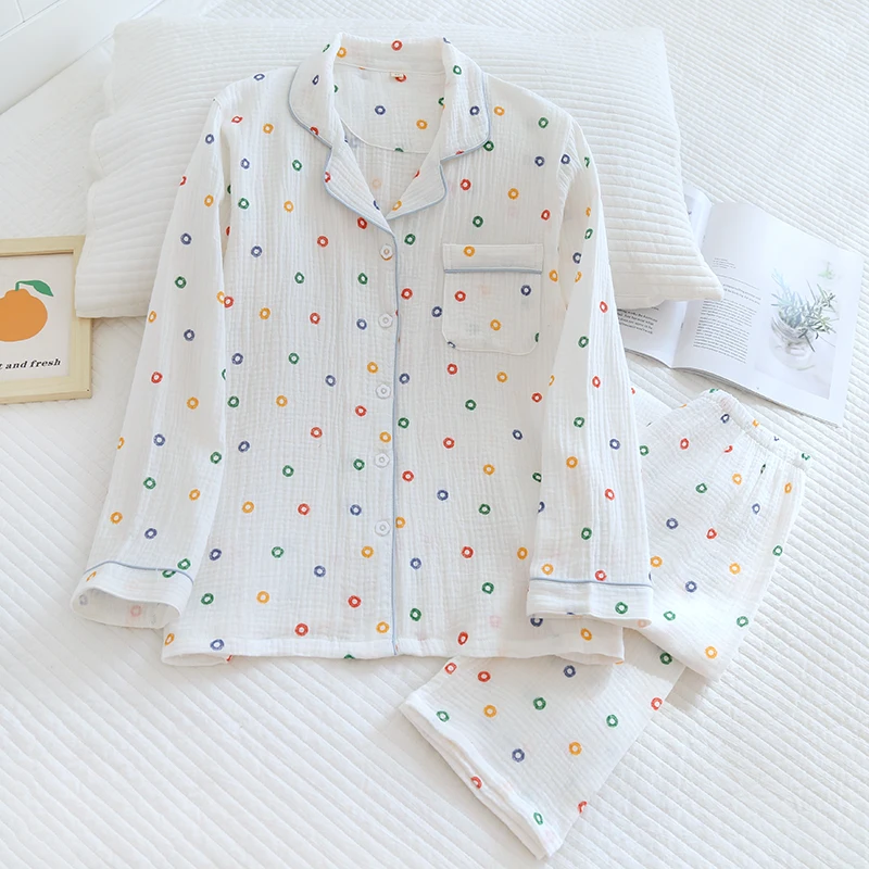 Pure Cotton Cute Pajamas Set Crepe Long Sleeve Fresh Sleepwear Soft Pijama Mujer Casual Pyjamas Female Spring Home Clothes Suit