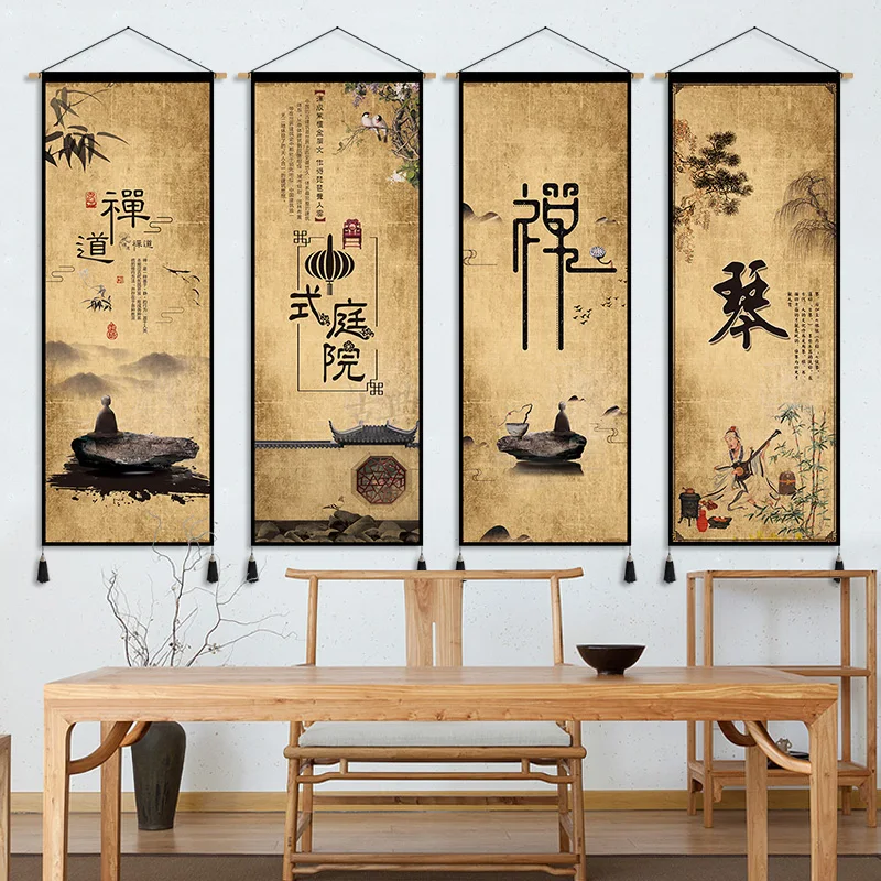 

Chinese Style Zen Scroll Wall Paintings Vintage Retro Lotus Room Decor Aesthetic Home Office Decoration Hanging Tapestry Decals