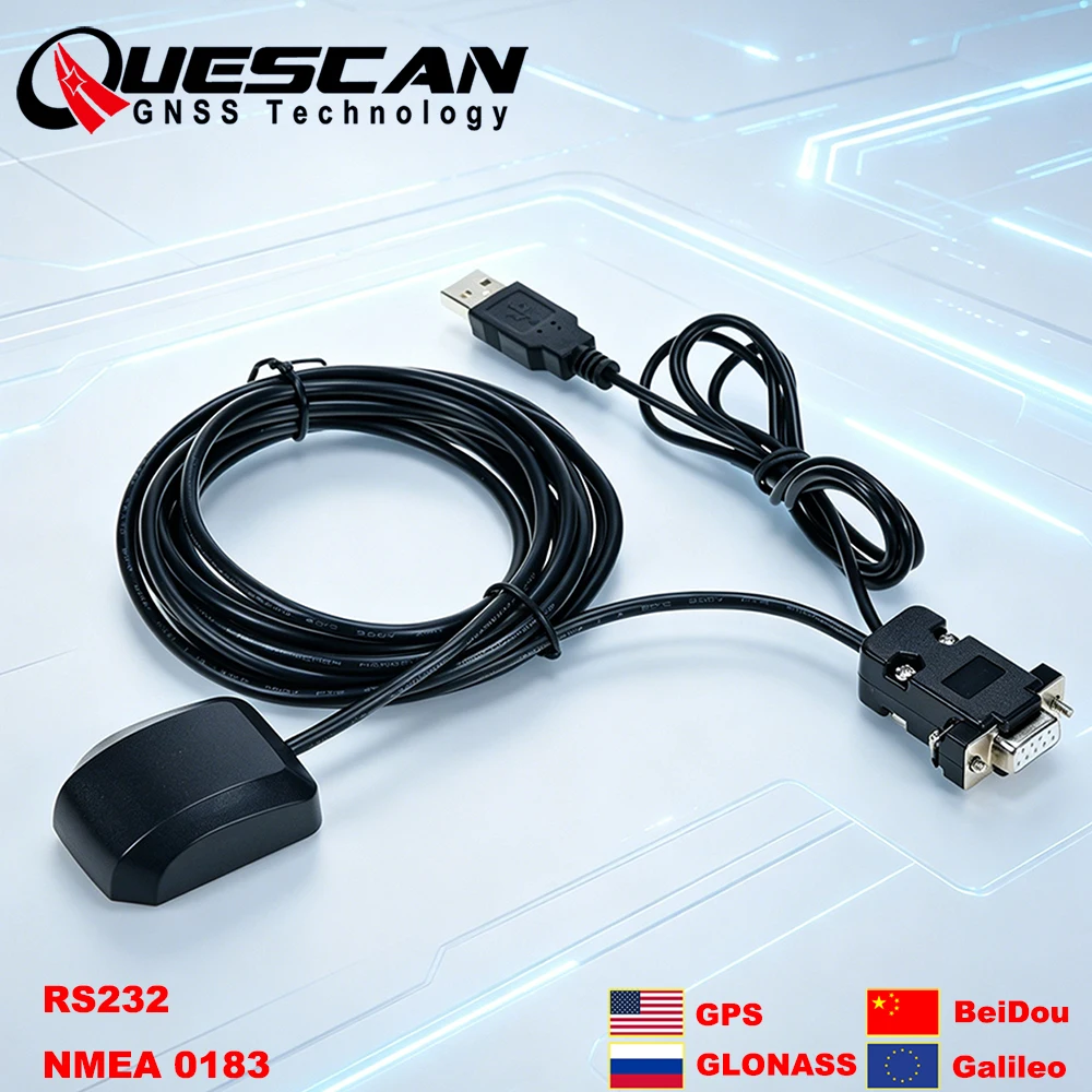Фото GPS-приемник QUESCAN с последовательным интерфейсом RS232, антенна PPS RS-232 DB9 NMEA 0183 для приема GPS, ГЛОНАСС, Galileo, BeiDou, QZSS, SBAS, NMEA0183, 1-25 Гц №1