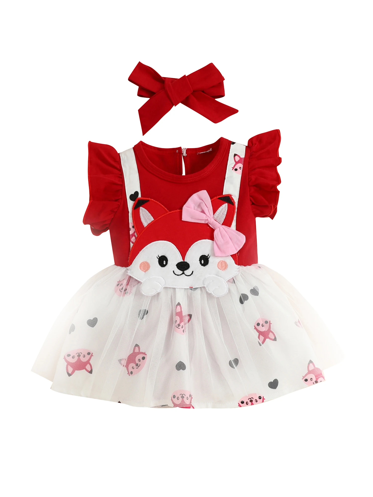 Baby Girls Cute Fox Sling Romper Dress Scoop Neck Ruffle Sleeve Cartoon Animals Print A-Line Skirt Hem Bodysuit s with