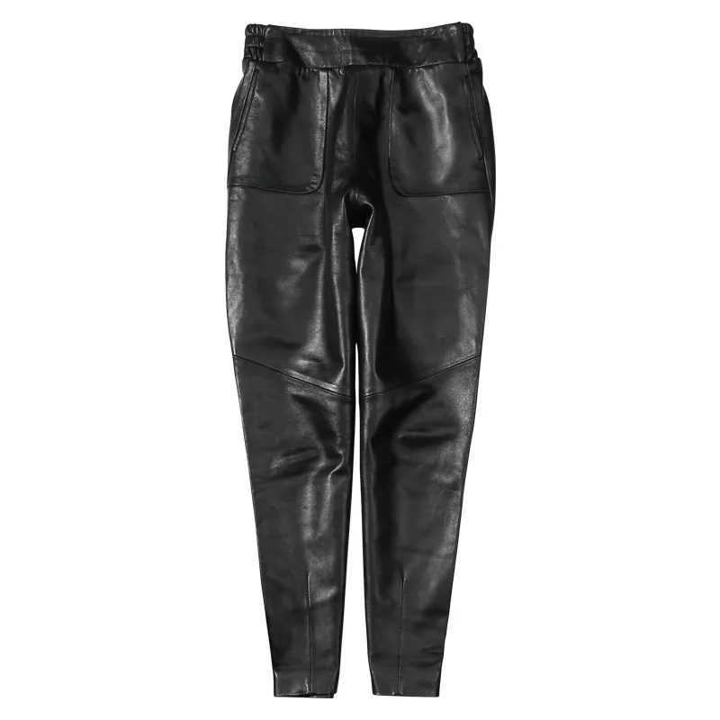 2022 Spring New Style Women Casual  Genuine Sheepskin Leather Cropped Trousers