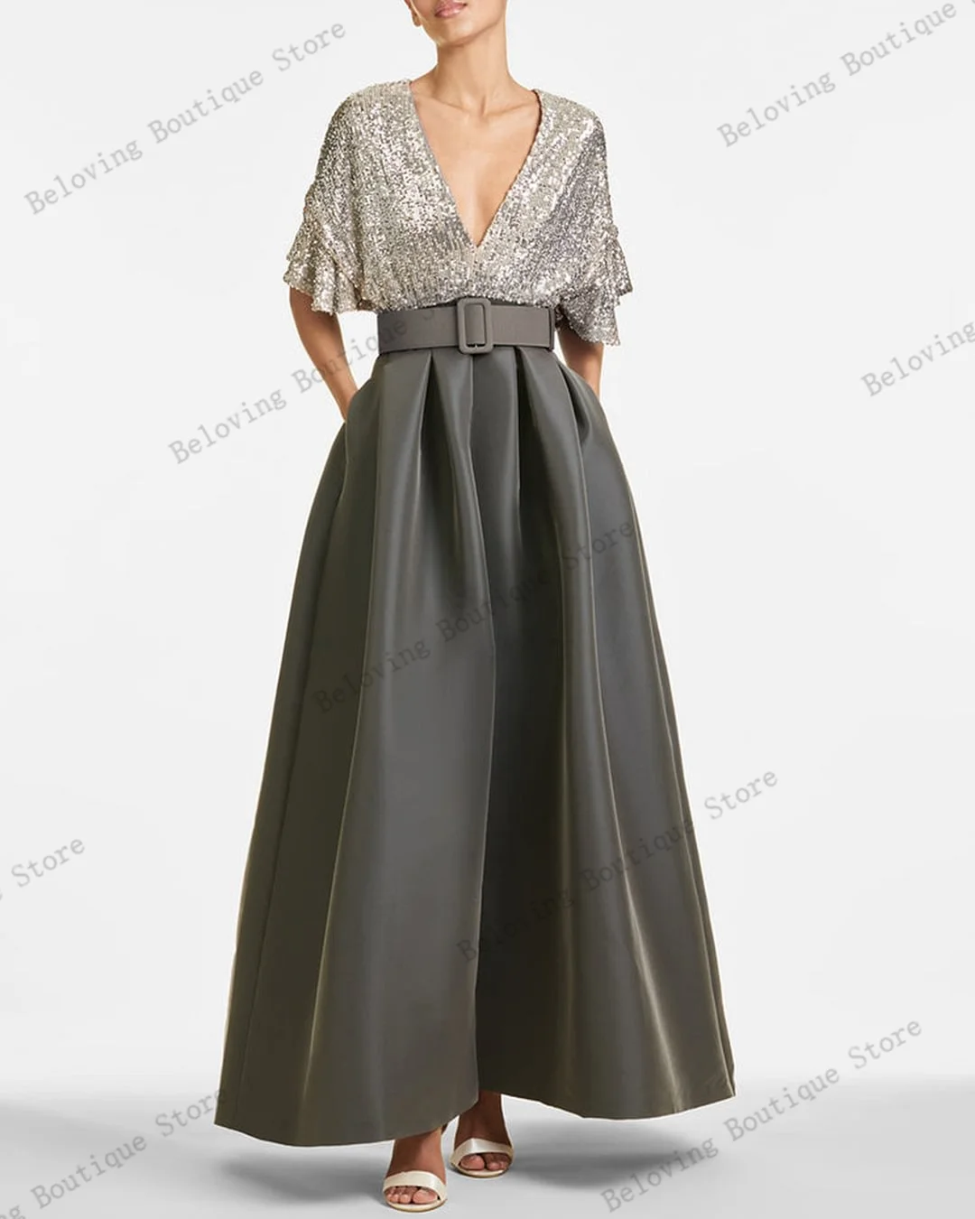 

Women's V-neck Sequins Dress Mermaid Evening Dresses Detachable Long Sleeves Side Split Celebrity Dress Formal Party Gowns