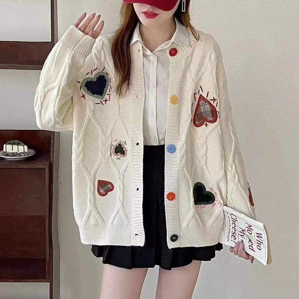 

Korea Dongdaemun Autumn 2023 New Exquisite Joker Embroidery Love Knitted Twist Cardigan Jacket Sweater Woman